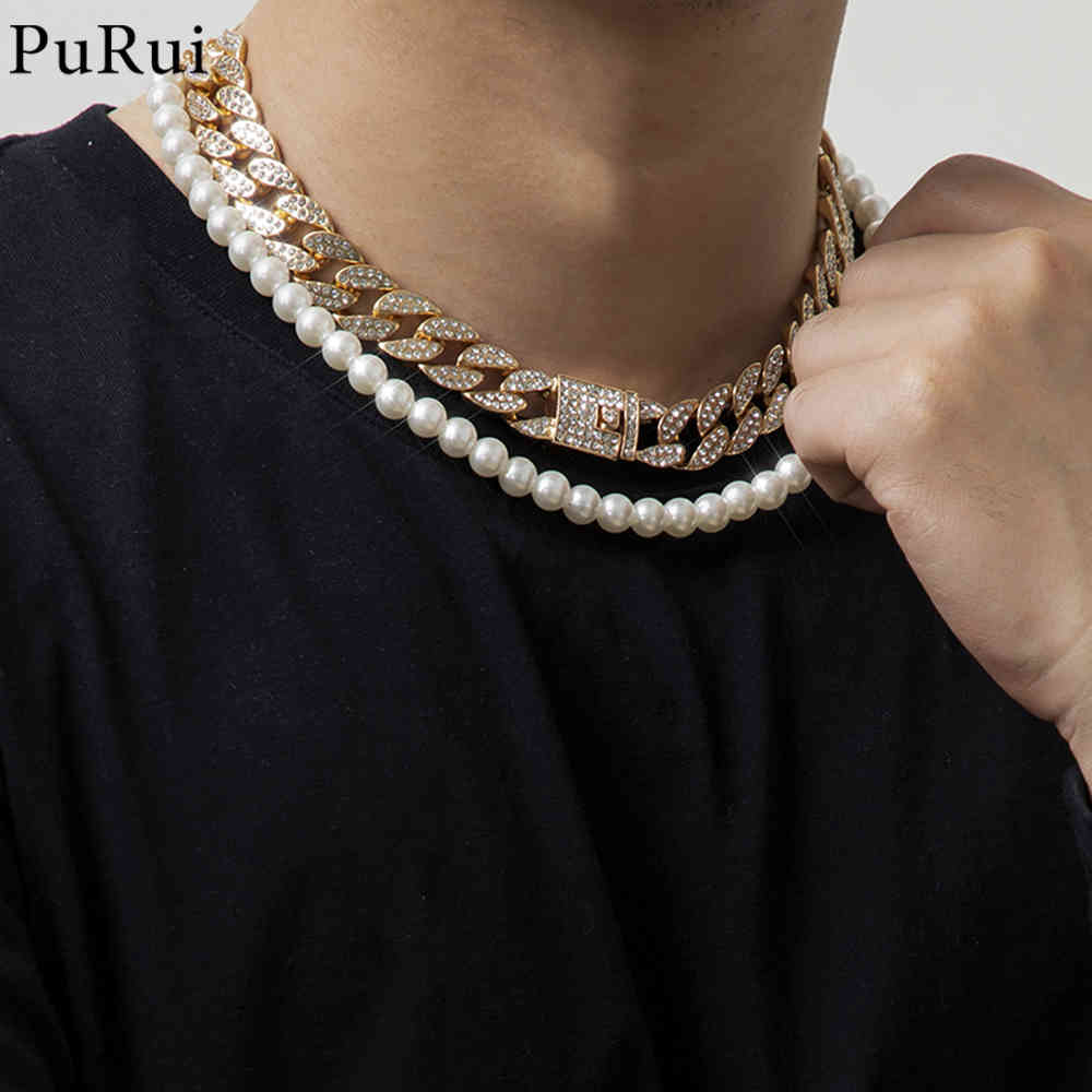 

New Hip Hop Bling Iced Out Rhinestone Cuban Link Chains Choker Necklace for Men Simple Pearl Necklace Punk Rapper Jewelry 2021 X0509, Black