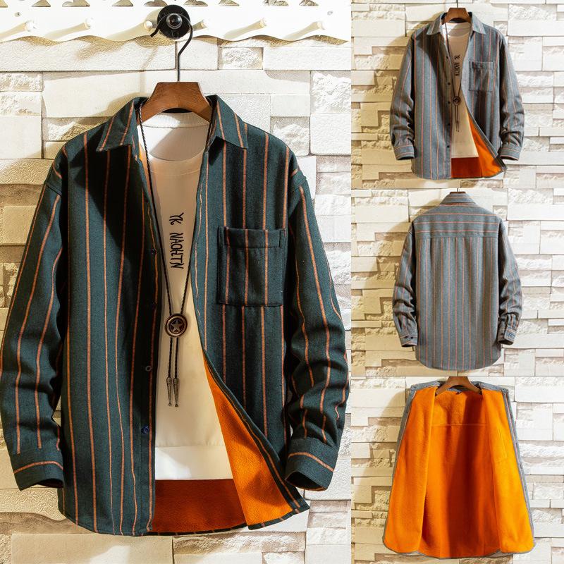 

Men's Casual Shirts Plus Velvet Thick Long-sleeved Shirt Middle-aged Youth Autumn And Winter Bottoming Slim Warm Striped, Gray