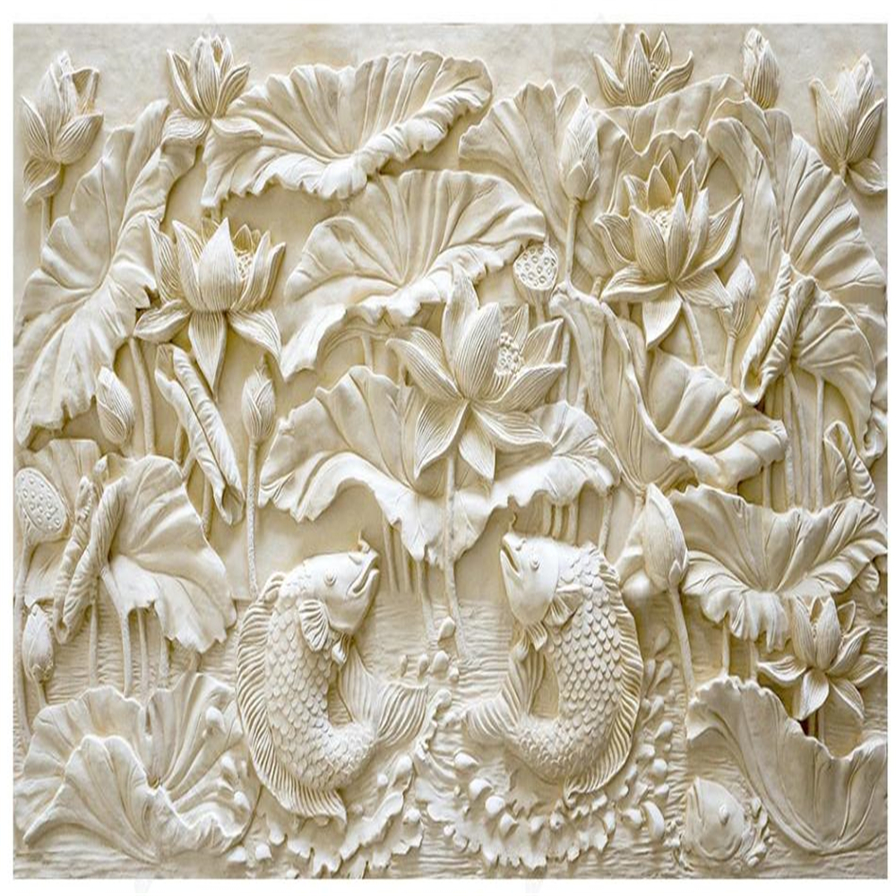 

customized wallpaper for walls 3D three-dimensional stone carving lotus carp relief TV background wall, Beige