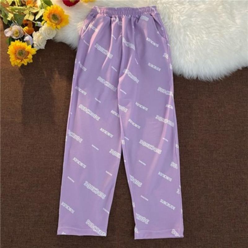 

Women's Pants & Capris Lettered Printed Wide Leg Elastic Waist Summer Student Straight Tube Leisure Nine Point Trend, Black;white