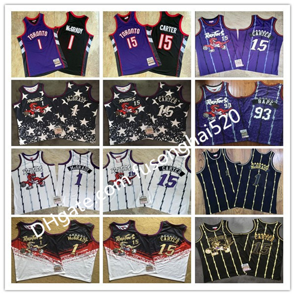 

2021 Vintage Toronto Raptors BAPE 93 Vince 15 Carter Tracy In stock 1 McGrady Mitchell & Ness Stitched Swingman Basketball Jersey, Black;red
