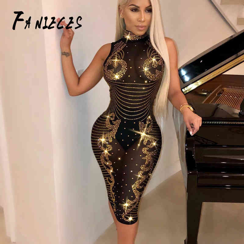 

Women Sexy Club Sleeveless Spring dress Mesh Diamonds see through Party Dresses Ladies Night Evening Sheath midi vestido 210520, Black