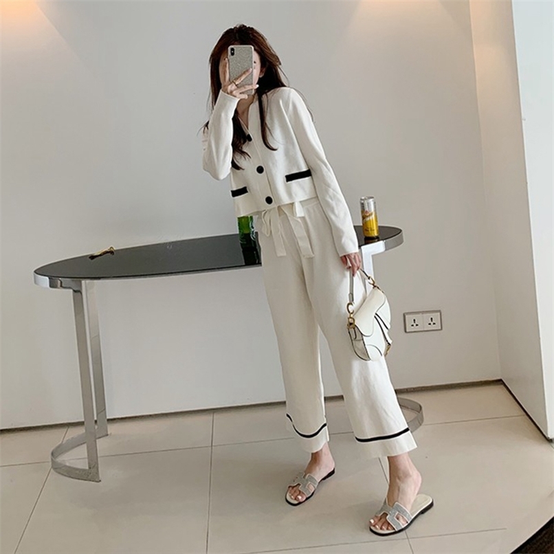 

spring collocation high knit suit women retro chic wide leg pants western style two-piece 210520, Black