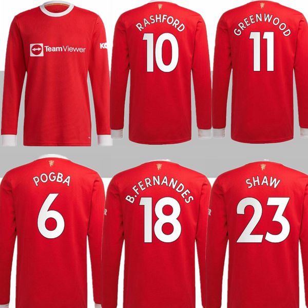 

Long Sleeve Manchester SANCHO Home Red Soccer Jersey 2021/2022 #11 GREENWOOD #18 B.FERNANDES Men Adult Soccer Shirt 21/22 #10 RASHFORD #6 POGBA football Uniform, Blue