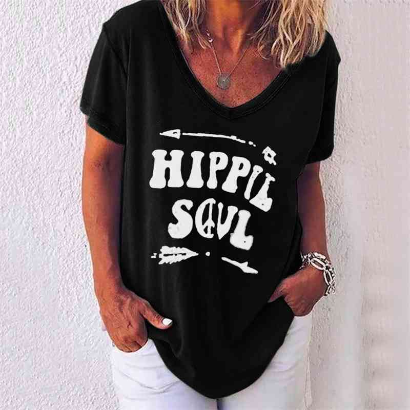 

Plus Size Women Letter Print Shirt Blouse Casual Summer Short Sleeve Loose Shirts Ladies Sexy V Neck Tops Blusa Streetwear 210603, Rose red