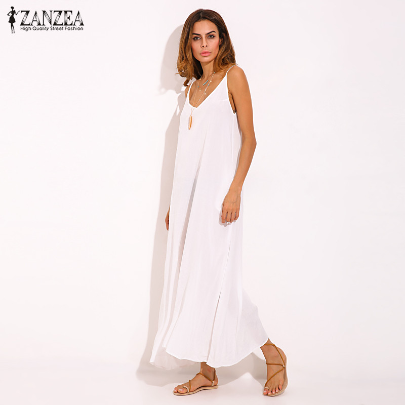

Vestidos 2021 Summer ZANZEA Women Strapless Sexy V Neck Sleeveless Dress Casual Loose Long Maxi Solid Dress White Oversized, Black