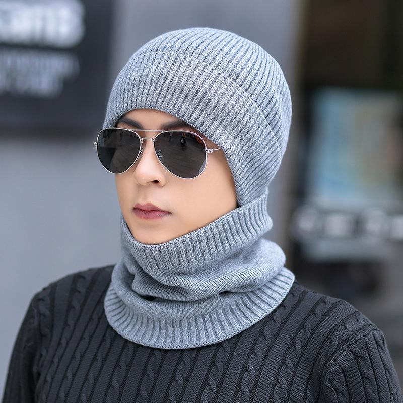 

Berets Fashion Winter Men Warm Beanies Hat Two - Piece Knitted Plush Caps Man's Solid Color Windproof Protective Face Neck Warmer, Black
