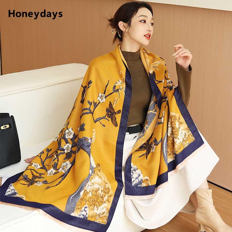 

Scarves Women Scarf Plum Double Print Female Decorate Cashmere Winter Pashmina Shawls Bufandas Invierno Mujer Gift