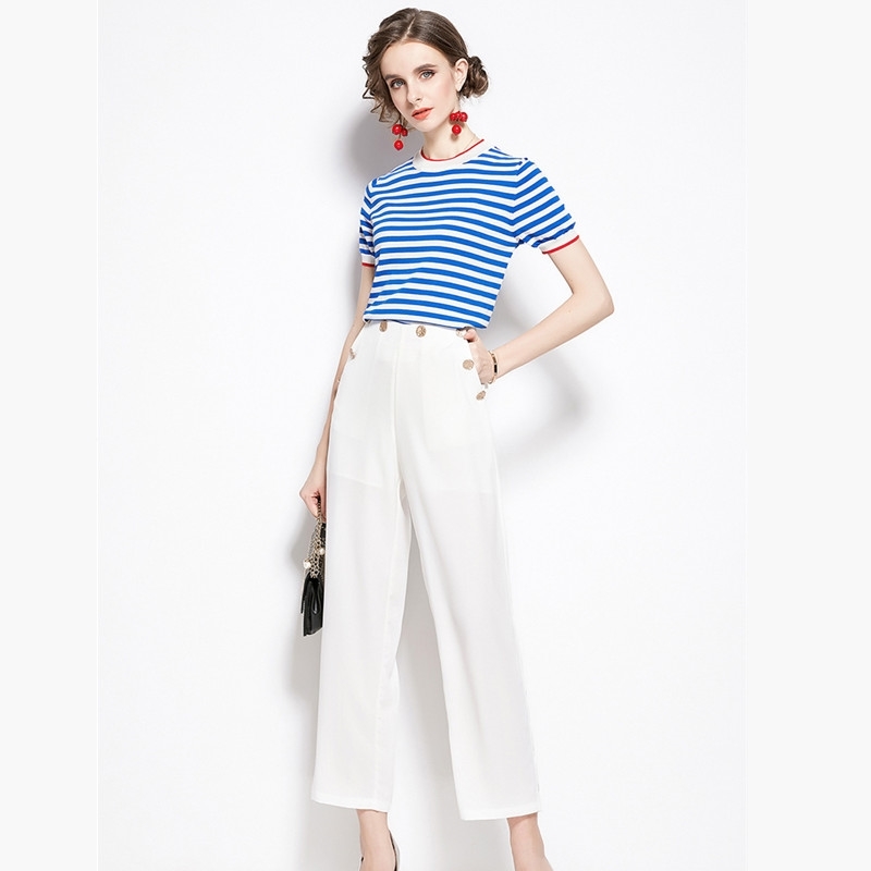 

Women Trousers Set Two Piece Elegant Office Lady Outfit Contrast Color Knitted Pullover And Ankle-length Pants Suit 210525, Blue