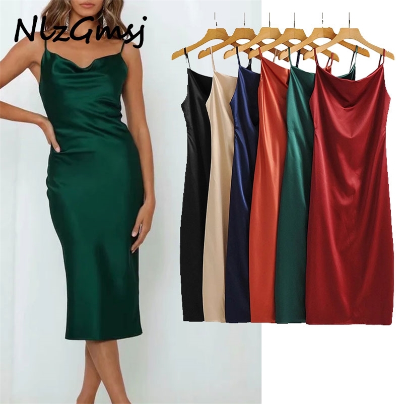 

Dress Satin Elegant Solid Slim Mid-Calf Spaghetti Strap Party es High Street Spring Summer 210628, As picture