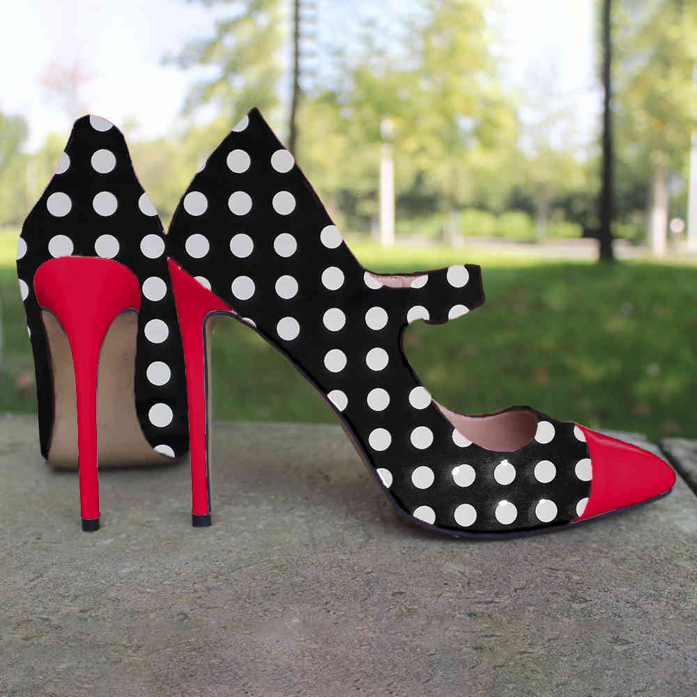 

dress shoes laigzem polka dots patchwork women heels pumps mary janes stiletto party woman zapatos talon femme large size 45 36l2, Black