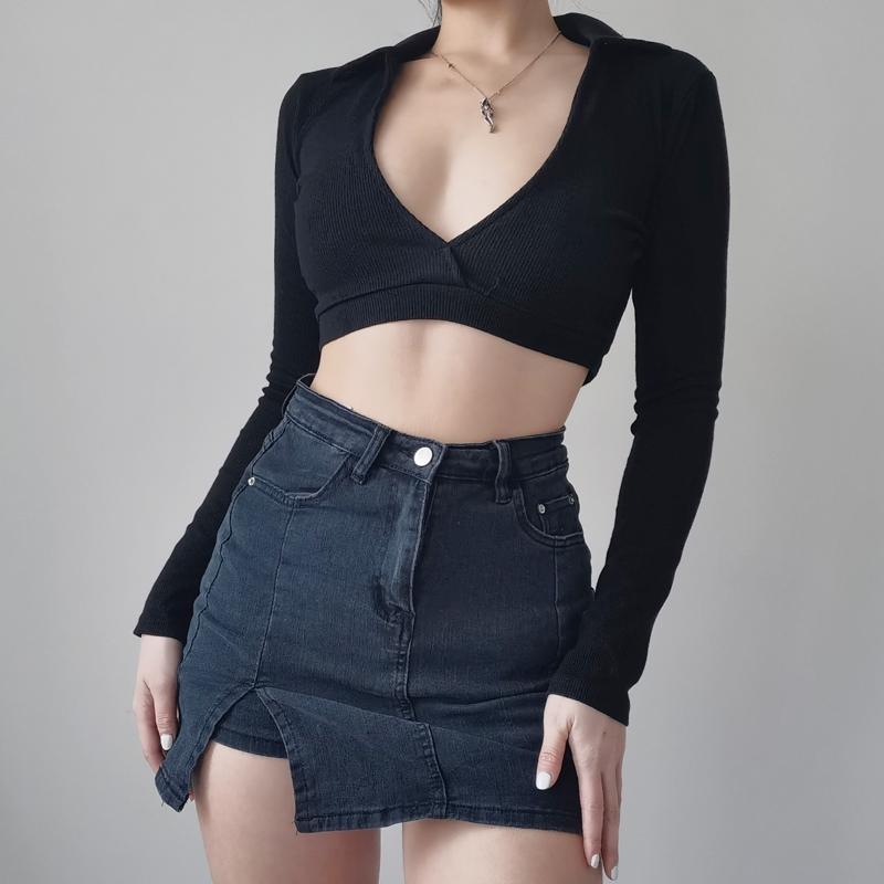 

Women' T-Shirt Women Deep V Neck Collared Crop Top Sexy Long Sleeved, Black