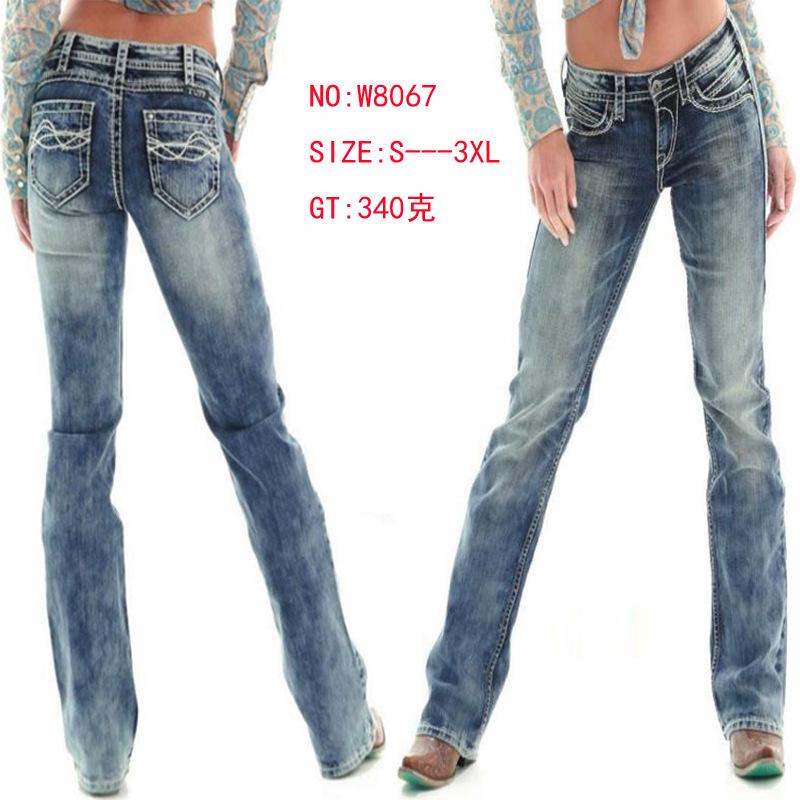 

Women' Jeans Colored Stretch Thick Line Embroidery Selling Middle Waist Straight Pants, Blue