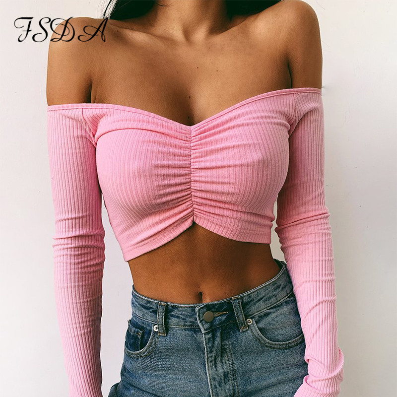

off shoulder white crop women ruched 2021 summer black t shirt long sleeve casual ribber shirt high quality