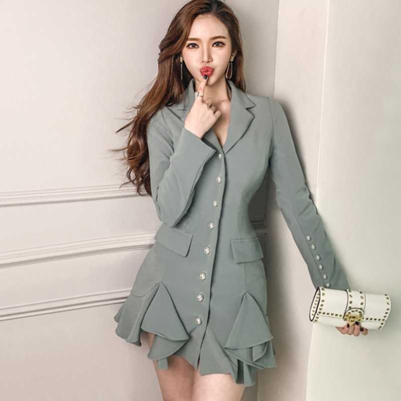 

Korean Spring Fashion Pearl Single-Breasted Business Office OL Ruffle Dress Bodycon Vintage Notched Collar Elegant Mini 210526, Photo color
