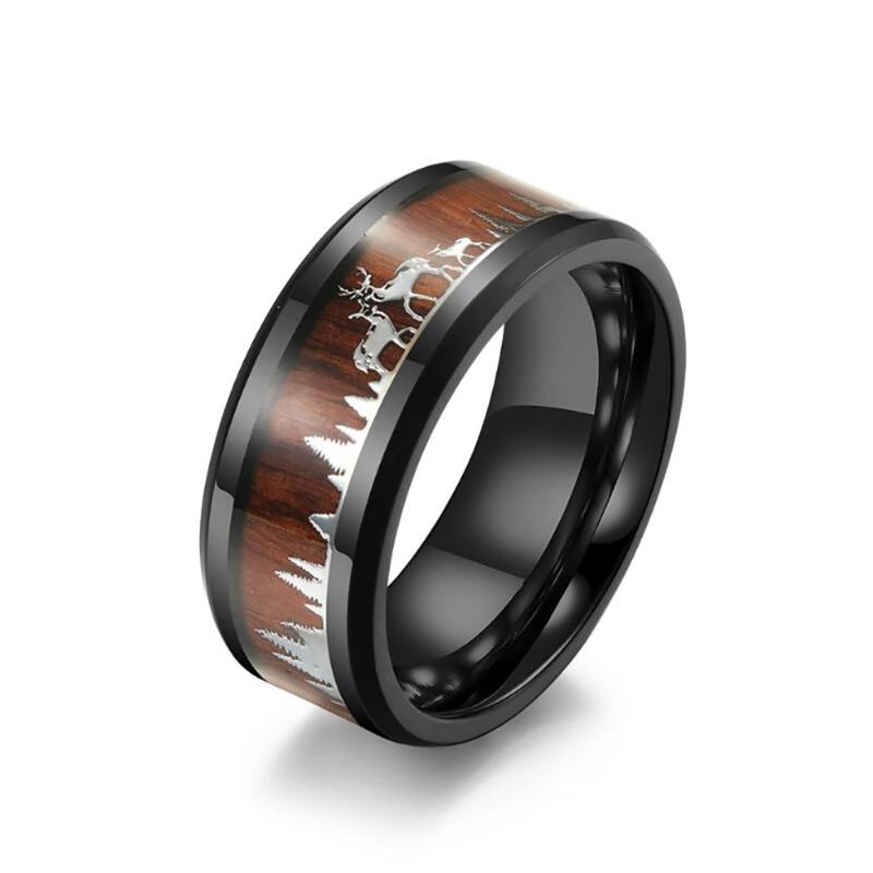

Wedding Rings 8mm Deer Family Stainless Steel For Men Women Animal Wood Inlay Bands Jewelry Gift Him, Slivery;golden