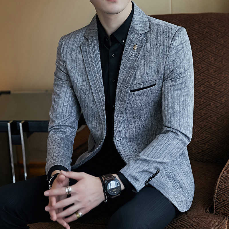 

Fashion Mens Slim Fit Blazer Suit Jacket Male Casual Blazers Coat Wedding Dress Men Suit Blaser Stage Singer Clothes Masculino 210527, Light gray
