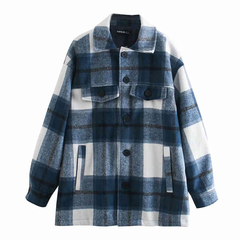 

Vintage Chic Contrast Colors Patchwork Plaid Jacket Stylish Women Cotton Pockets Turn-Down Collar Coat Casual Girls Streetwear 210520, As picture
