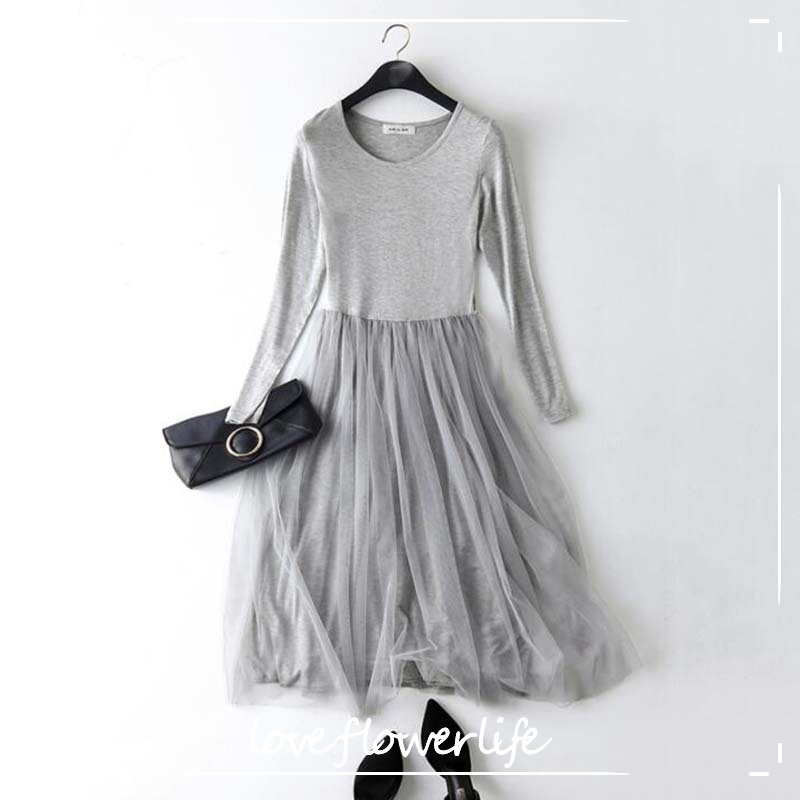 

Spring Autumn Sexy Modal Patchwork Mesh Dress Women Vintage Long Sleeve Lace Gauze Dress Basic Sundress Party Vestidos 210521, Black