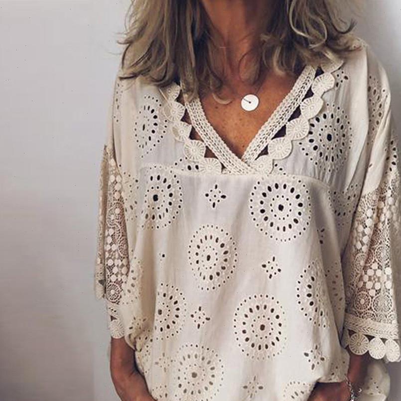 

Women Blouse Shirts Hollow Out Lace Patchwork Tops Plus Size 5XL Geometry V neck Summer Shirt Vrouw Large G8, White