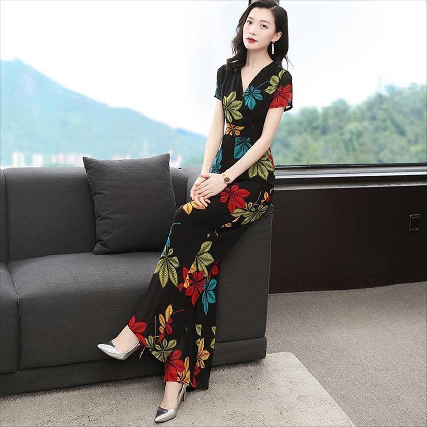 

summer fashion temperament printed women romper short sleeve high waist thinning casual loose wide leg trousers jumpsuit y659, Black;white