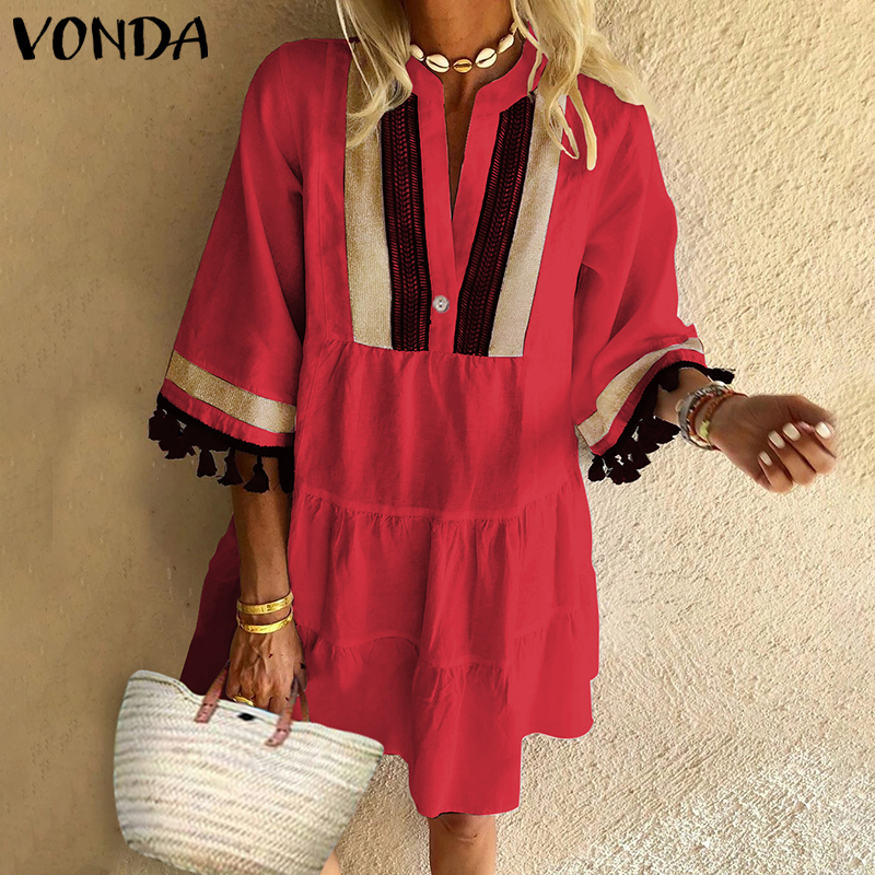 

2021vonda summer beach dress women sundress vintage print sundress v neck party dress 2021 bohemian vestido casual robe plus size, Black;gray