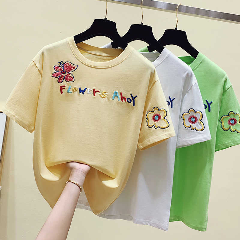 

Short sleeve T-shirt female loose in summer wear a western style half sleeve embroidery cotton net red coat ins over th 210604, White