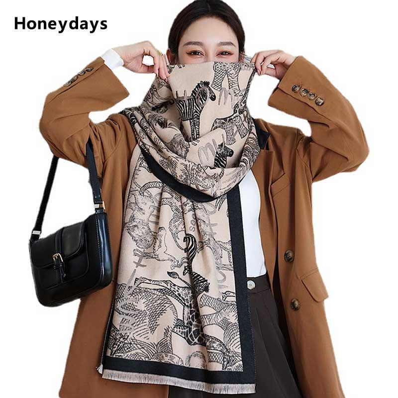 

Scarves Literary Forest Animal Print Warm Scarf Double-sided Winter Cashmere Shawl Thickened Pashmina Wraps High Quality Bufandas