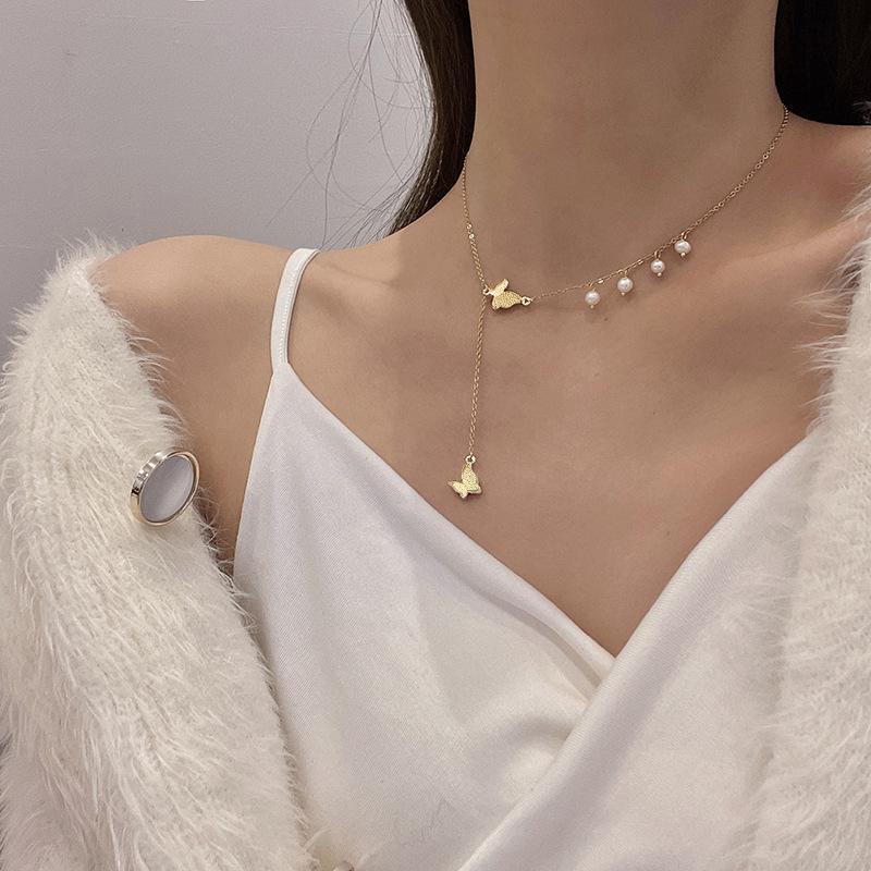 

Pendant Necklaces Fashion Butterfly Pearl Tassel Necklace For Women Metal Titanium Steel Micro Inlaid Zircon Choker Jewelry Gift