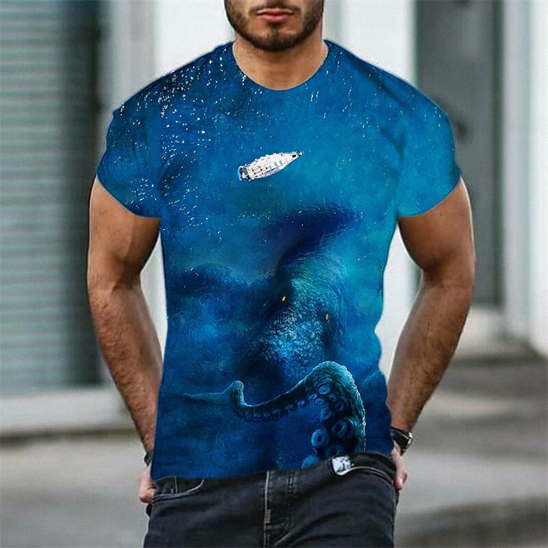 Men's T shirt 3D Print Graphic Octopus Sea Crew Neck Daily Sports Print Short Sleeve Tops Casual Classic Designer Big and Tall Blue T7ct#