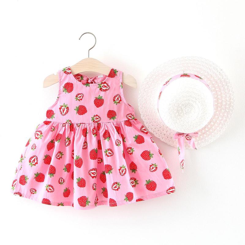 

Girl's Dresses Black Fir And Flare Dress Toddler Strawberry Print Sleeveless Hat Princess Kids Outfits Baby Girls Tulle Flower Girl DressGir, Pink