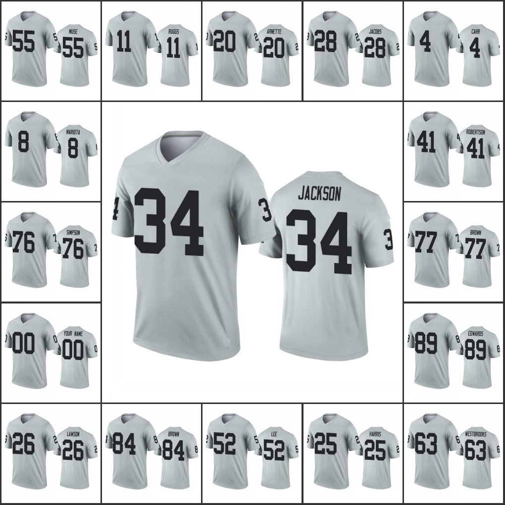 

Jersey Las Vegas''Raiders''Men #4 Derek Carr 34 Bo Jackson 28 Josh Jacobs''NFL''Women Youth Custom Silver Inverted Legend Jersey, 11