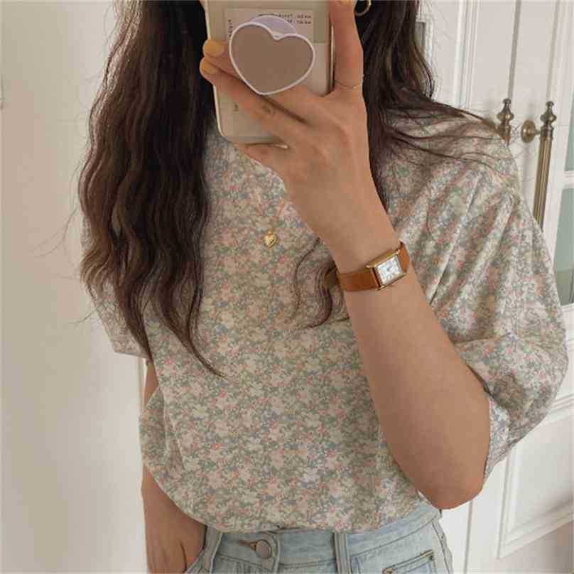

Design Florals Blouse Printed Short Sleeves Summer Party Chic Girls Elegant All Match Prom Shirts Tops 210525, Blue