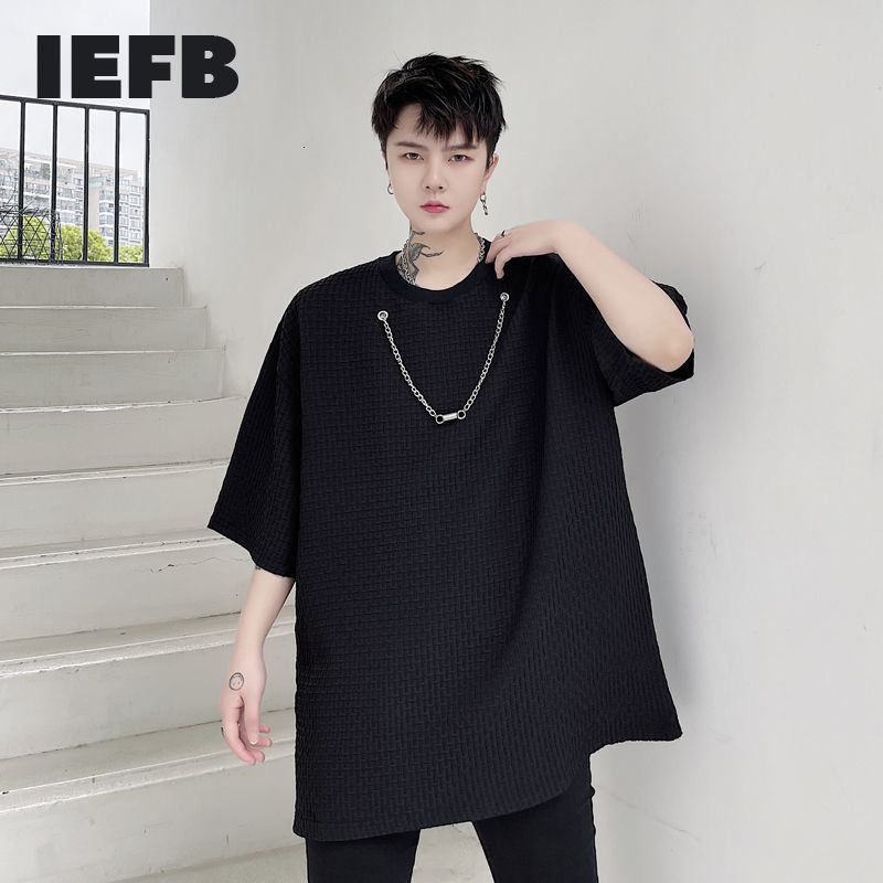 

IEFB Summer Metal Pendant Waffle Fabric Loose Round Neck Men's Short Sleeve T-shirt Loose Big Size Tee Casual Tops 9Y7046 210524, Black