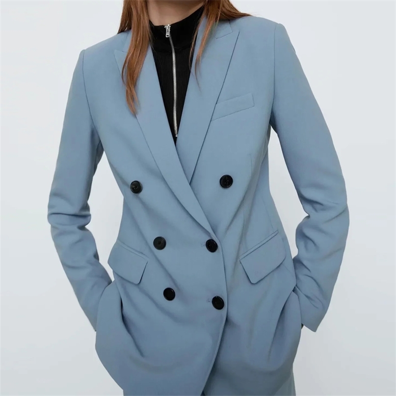 

spring Women Fashion lapel Double Breasted Loose Fitting Blazer Coat Vintage Long Sleeve Pockets Female Outerwear Chic Femm 211019, Blue