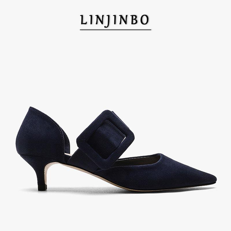 

Fashion Women Sandals Pointed 3-5 Cm Low-Heeled Mary Jane Shoes Shallow Mouth Buckle Summer High Heels Mujer, Black