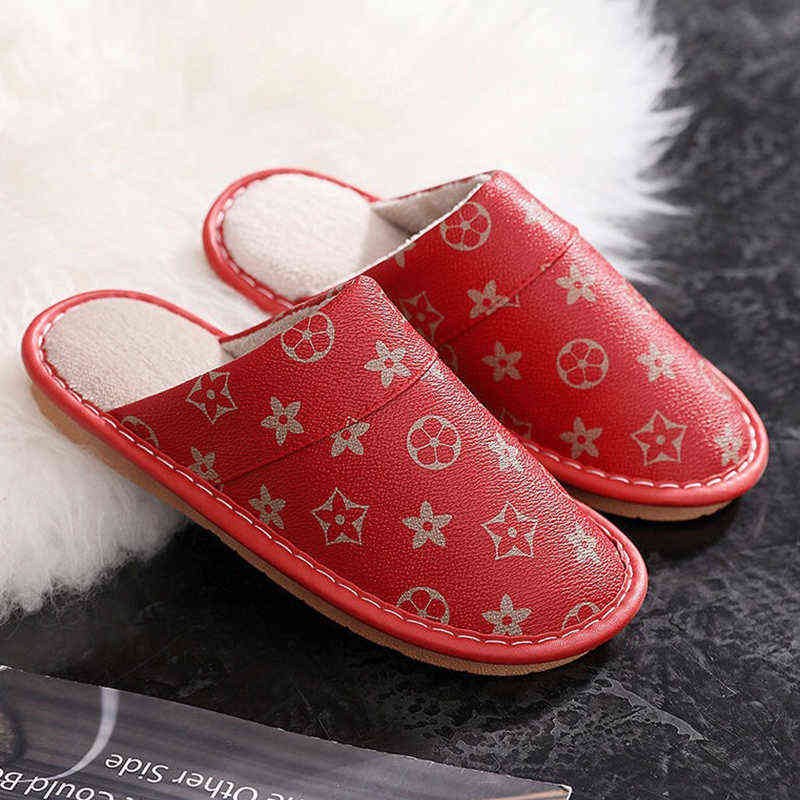 

2021 New Winter Cotton slippers women's anti-slip slippers home furry leather slippers couple warmth Female shoes big size 47 H1115, Coffee