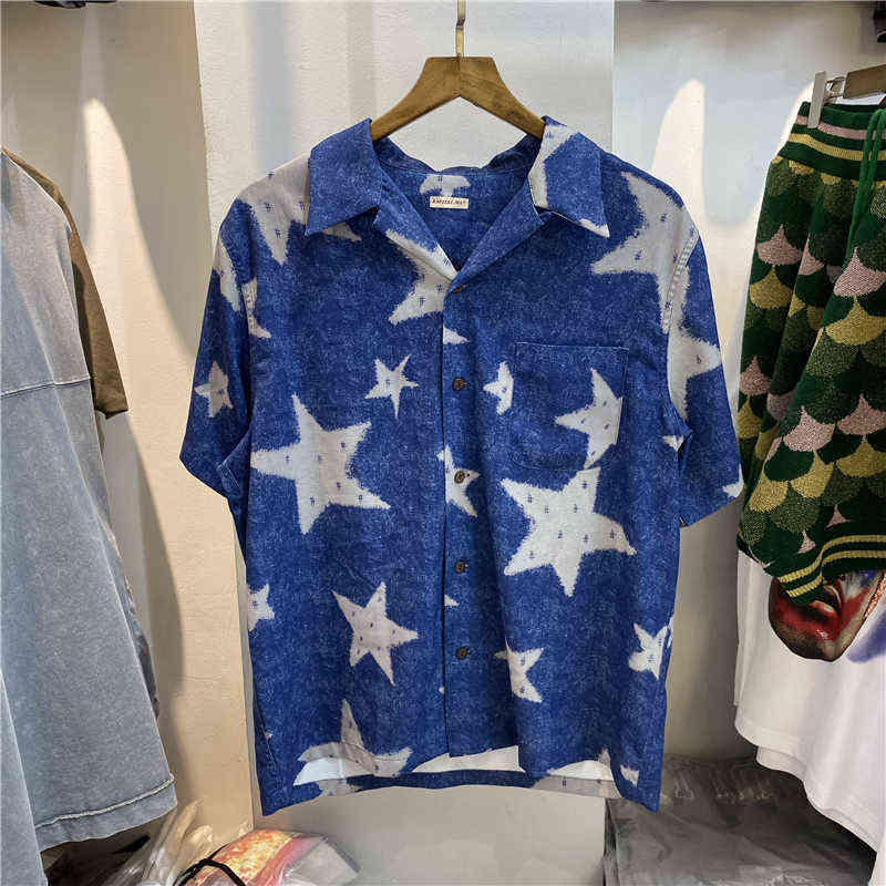

Kapital Hirata Hehong Linen Star Blue Dyed Ins Trend Loose Short Sleeve Silk Shirt
