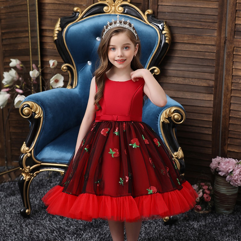 Toddler Girls Sequin strawberry Tulle Dress Dressy Dresses Red with Bow 4t to 12t 303-image-682907371