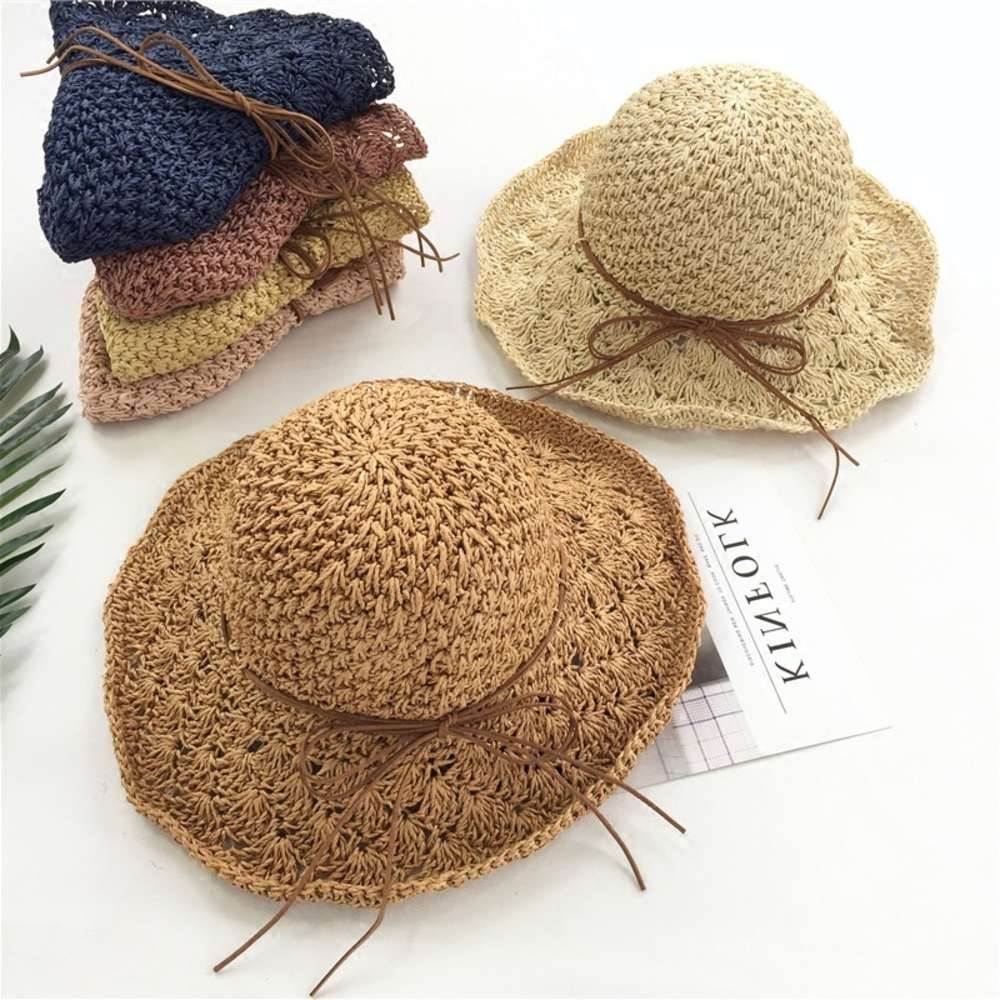 

Sun hat Women's foldable summer Big Brim curled straw sun Beach bow breathable cool Hat, Blue;gray