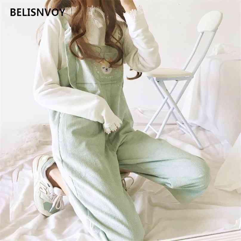 

Jumpsuits Women Solid Simple Ankle-length Streetwear Chic Womens Casual Loose Cartoon Embroidery Corduroy Suspenders Overalls 210520, Beige