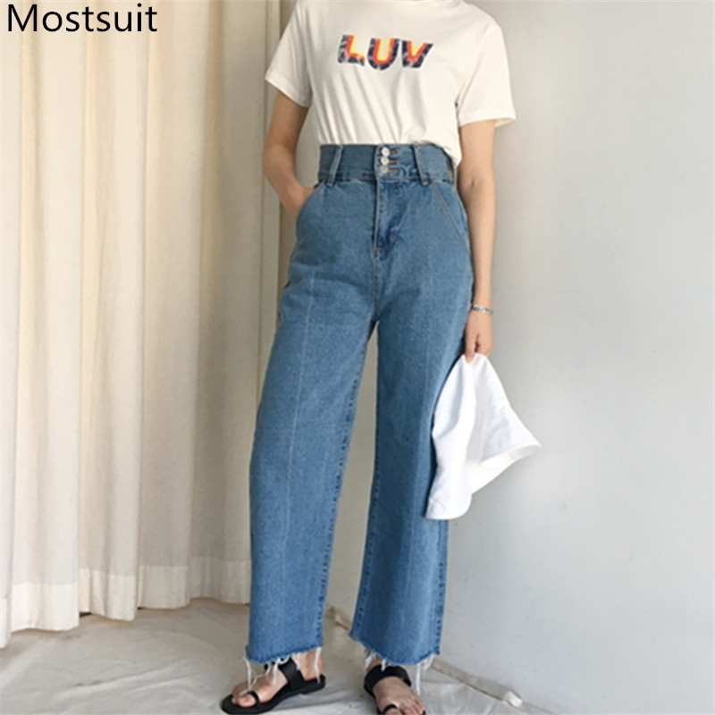 

Vintage Korean High Waist Wide-legged Denim Jeans Pants Women Buttons Fly Fringed Straight Fashion Casual Trousers 210518, Light blue