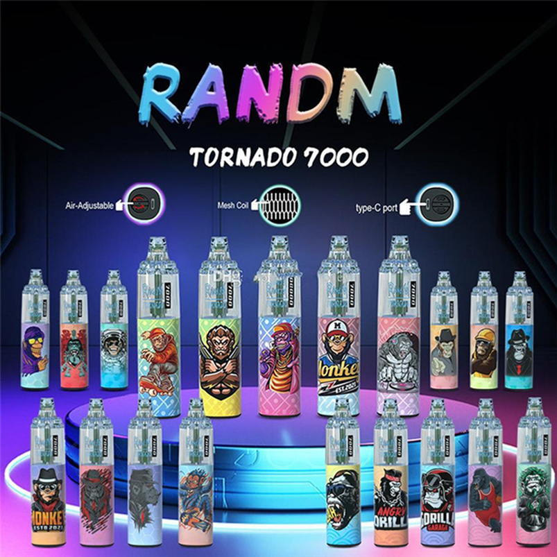 

Original RandM Tornado 7000 Puffs Disposable E cigarettes Pod Device Powerful Battery 14ml Prefilled Cartridge Mesh Coil RGB light Glowing Vape Pen Kits