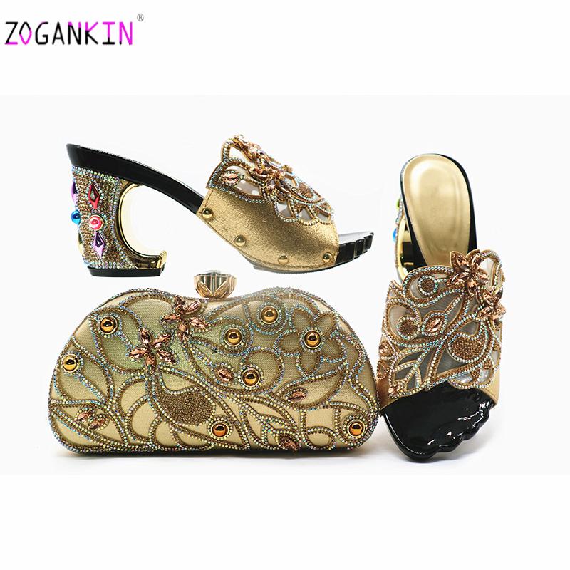 

Dress Shoes 2021 Latest Slingbacks Nigerian Women And Bag For Party Italian Ladies Slipper With Shinning Crystal In Golden Color, Sky blue