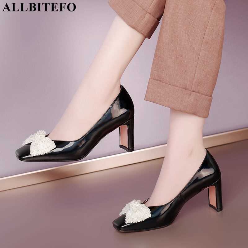 

ALLBITEFO Size 34-41 Bow Design Real Genuine Leather High Heel Shoes Fashion Party Wedding Shoes Women Heels Shoes High Heels 210611, As picture