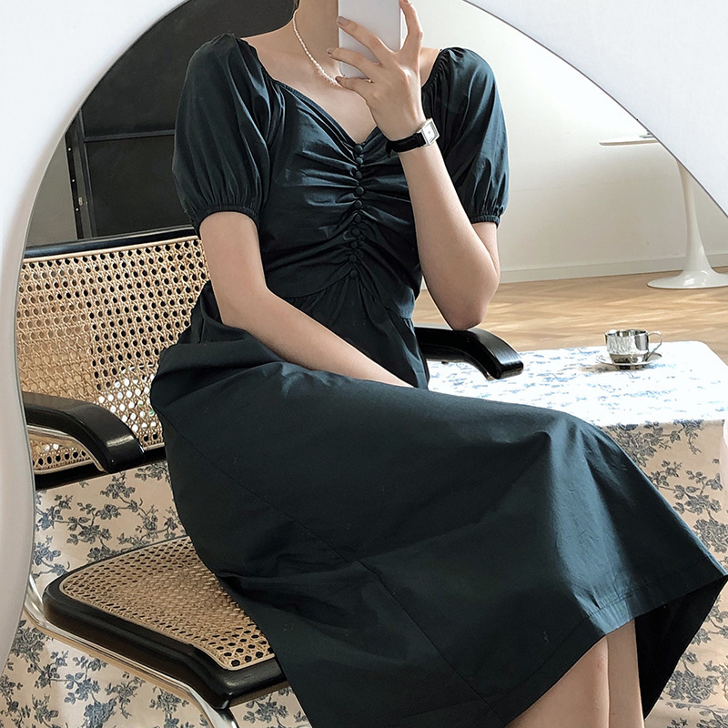 

Women's T-Shirt Elegant Black Pleated Long Female Mid-calf Summer A-line Vestidos French Light Mature High Waist IFJK