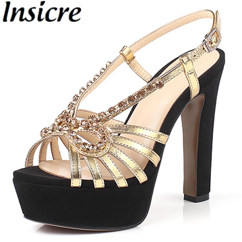 

Dress Shoes Insicre Women Super High Heel Platform Slingback Sandals Gold Crystal Bowknot Buckle Strap Summer Wedding Party Size 34-40, Black
