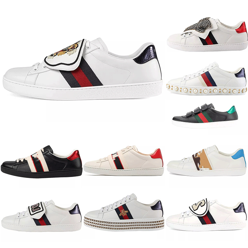 

2021 High Quality Mens Designer Casual Shoes White Ace Green Red Stripe Italy Bee Tiger Snake Womens Leather Luxury Sneakers Trainers size36-45, Black