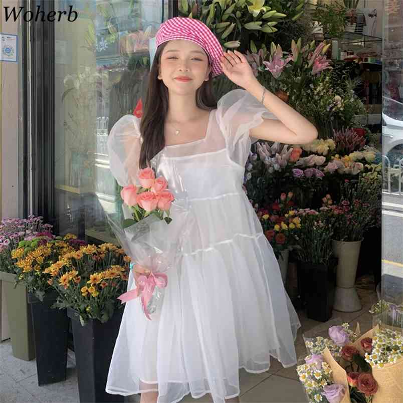 

Chic Organza Dress Women Summer Korean Sweet Square Collar Vestidos Temperament White Short Sleeve Fashion Dresses 210519, Black