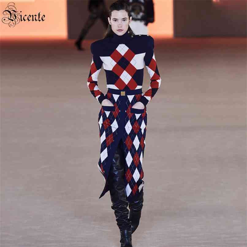 

Check Jacquard Midi Dress Trendy Top Skirt Bandage Two-Piece Long Rayon Party Set 210520, As shown